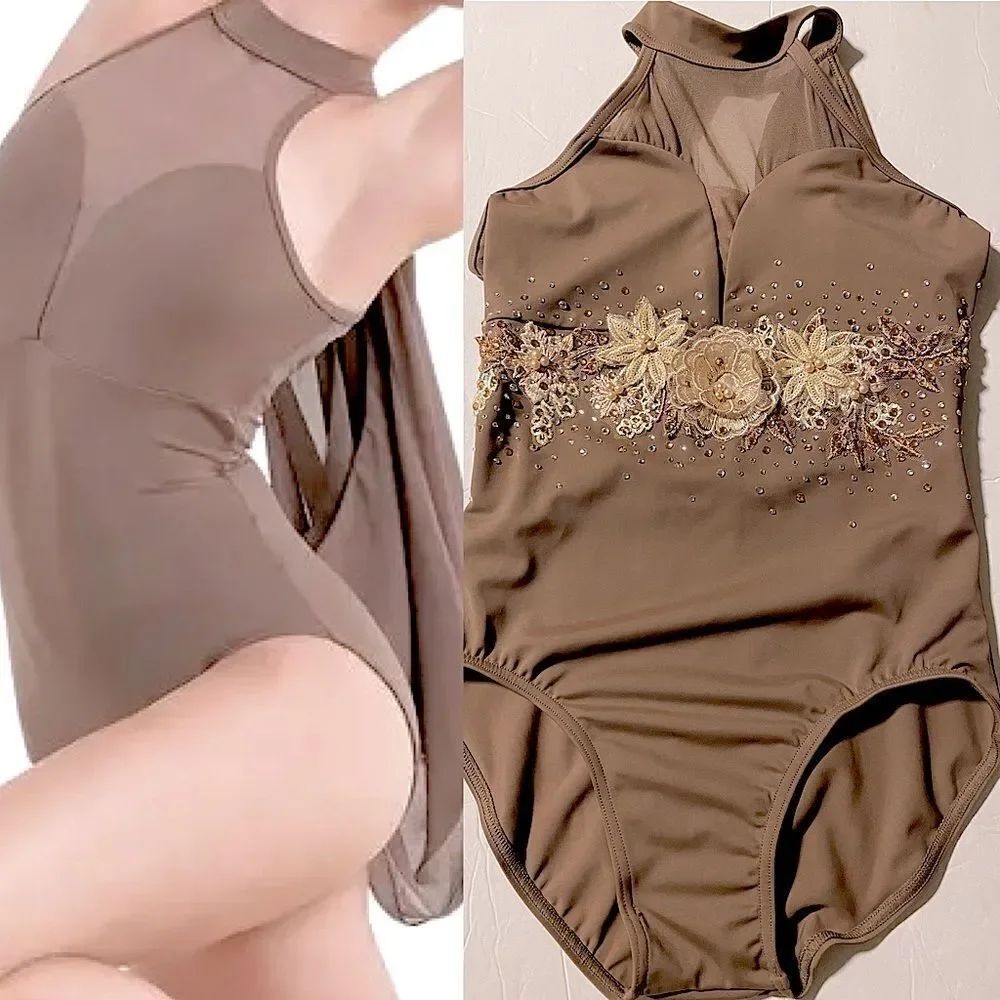 WEISSMAN solo custom Dance Costume Tan brown modest illusion leotard MT10188 LC